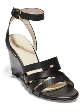 Cole Haan Black Leather Strappy Wedge Sandals with Ankle Buckle